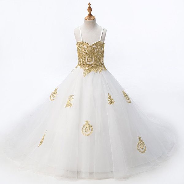 2022 Mode Weiß mit Goldspitze Blumenmädchenkleider Prinzessin Designer für Hochzeit Kinder Mädchen Tüll gerafft mit Spaghettiträgern321n