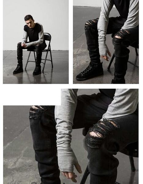 

high street ripped jeans mens fashion cool black knee holes design pencil pants slim fit trousers clothes, Blue