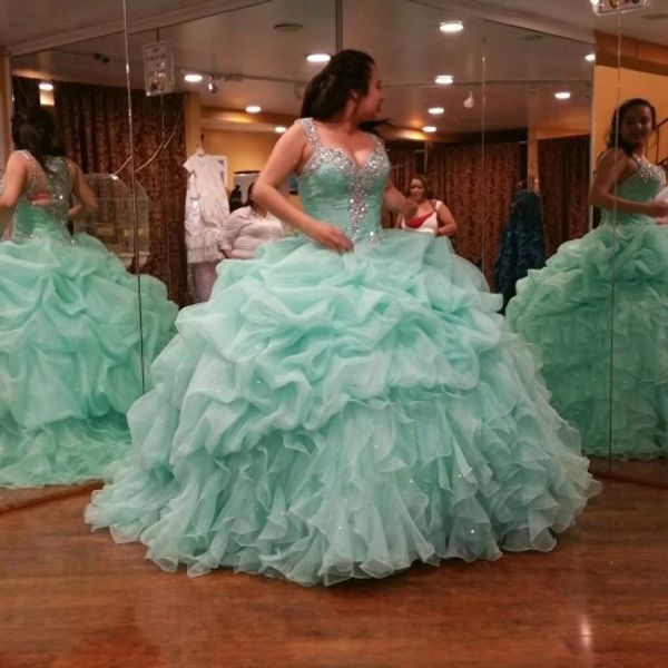 

mint green ball gown quinceanera dresses sparking crystal sweetheart vestidos de longo draped ruffle plus size women prom party gowns 2015, Blue;red