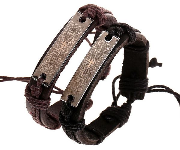 

2015 latest version punk style 100% genuine leather bracelet with cross of scripture alloy leather bracelet 20pcs/lot, Black
