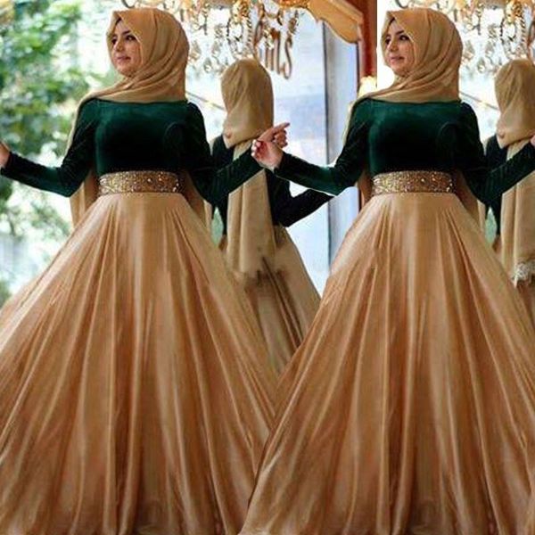 

emerald green velvet muslim evening dress long sleeves arabic prom dresses 2015 vestidos de festa gold belt floor length formal party gowns, Black;red