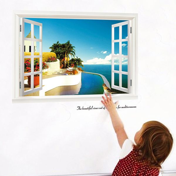 

3d sea beach windows wall stickers decals 822. scenery mural art living room home decoration landscape posters 3.0 home decoration