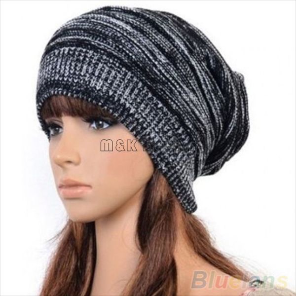 

trendy warm soft stretch cable knit slouchy beanie skull caps oversize women men knitting hats 4 colors, Blue;gray