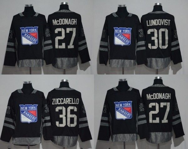 

1917-2017 100th Anniversary New York Rangers Jersey #36 Mats Zuccarello #30 Henrik Lundqvist #27 Ryan McDonagh Black Stitched With Patch