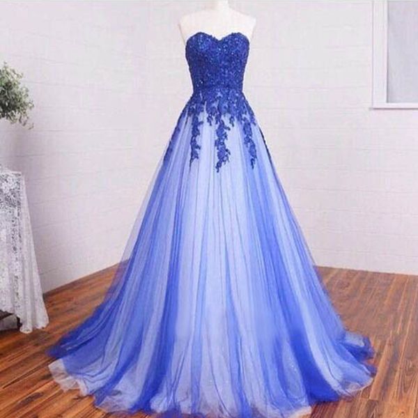 Amostra real Azul Royal Vestidos de Baile de Dois Tons Do Marfim Tule Uma Linha Querida Decote Lace Barato Apliques Sem Mangas Comprimento Vestido de Noite Comprimento