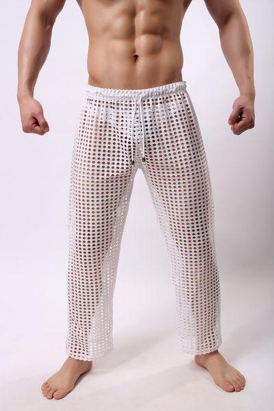 Homens Sleep Lounge calças de malha sexy para homens Sólidos homens bottoms pura Respirável Homens Sexy Gay Wear ver através de calças casuais Preto M-2XL