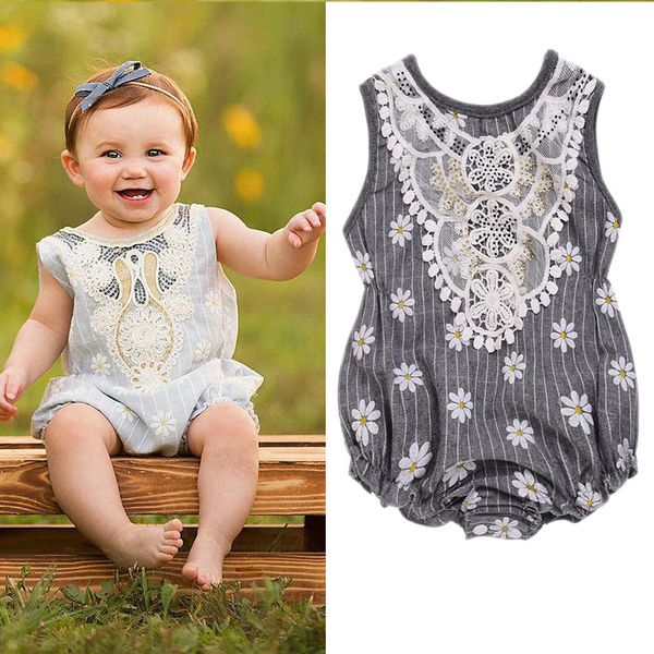 

baby girls clothes small chrysanthemum print romper newborn toddler lace flower sleeveless jumpsuit sunsuit outfits kids clothing for girls, Blue