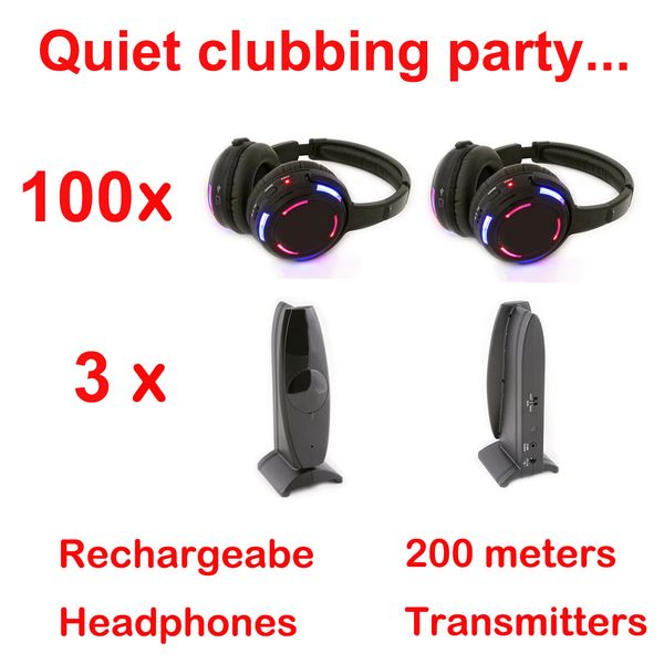 Auriculares Silent Disco auriculares inalámbricos LED auriculares RF - Paquete de fiesta de discoteca silenciosa con 100 receptores y 3 transmisores