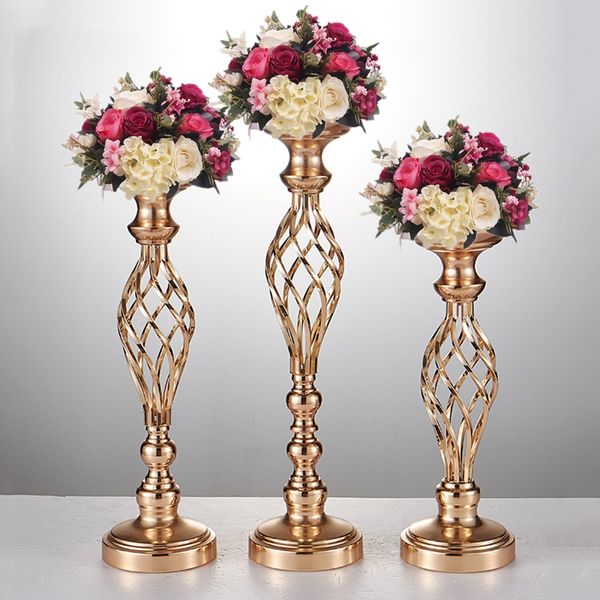 

creative hollow gold metal candle holders wedding road lead table flower rack home and l vases decoration 1 lot = 10 pcs