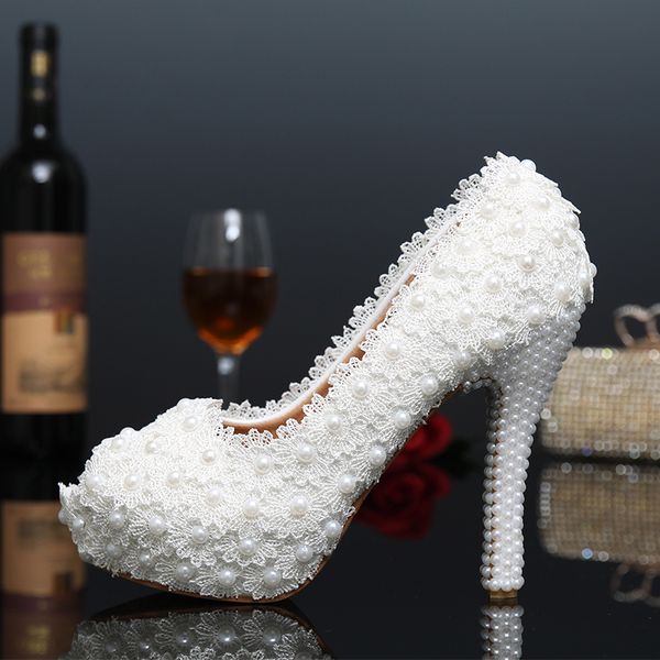 

handmade new platform beautiful pearl lace white wedding shoes peep toe women pumps party dance 12cm high-heeled shoes size 43, Black