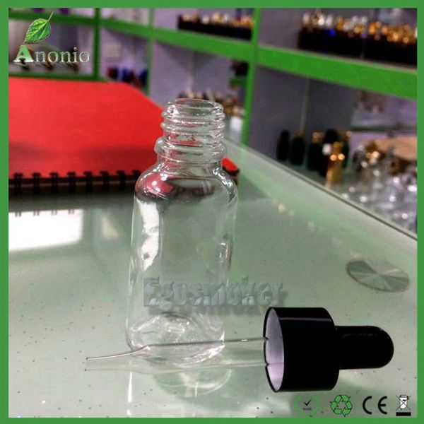 Bottiglie di e-liquid in vetro trasparente da 5 ml 10 ml 15 ml 30 ml 50 ml con anello anodizzato nero e flaconi contagocce in vetro con testa in gomma nera