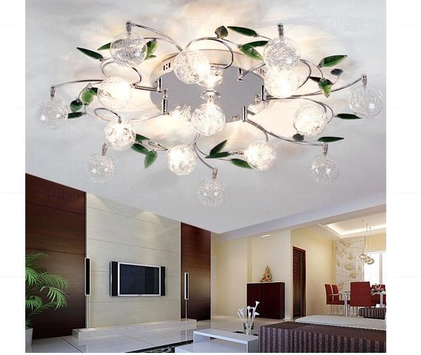 2019 Led Ceiling Light Modern Green Leaves Light Crystal Ball Ceiling Light Aluminium Wire Ceiling Lamp Living Room Chandelier 6 10 15 Lights From
