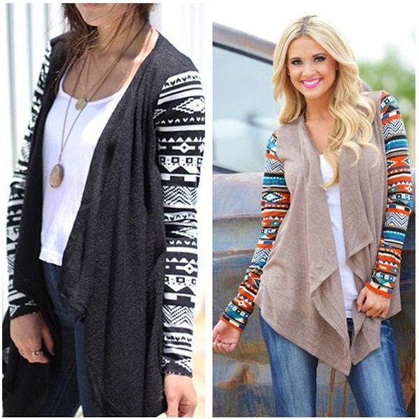 

Женская мода вязаный свитер кардиган с этническим принтом с длинным рукавом нере