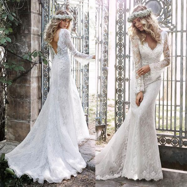 2021 Bianco 3D Fiore Pizzo Sirena Backless Abiti da sposa Scollo a V Maniche lunghe Sweep Train Applique Abito da sposa Robe de mari￩e