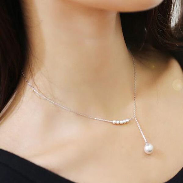 

стерлингового серебра искусственный жемчуг ожерелье для женщин простой моды короткие ожерелья подвески стерлингового серебра ювелирные издел, Silver