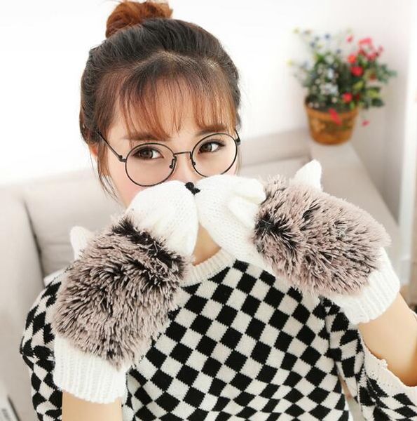 

fashion winter warm lovely cartoon hedgehog plush glove christmas gift women' covered mittens novelty knitted finger gloves ing, Blue;gray