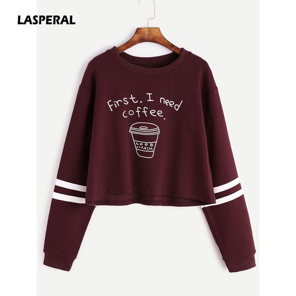 

wholesale- lasperal 2017 autumn women fashion letter print first i need coffee hoodies women long sleeve casual cropped sweatshirt pullover, Black