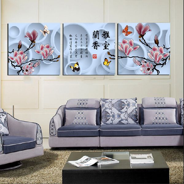 Acheter 3 Pièces Livraison Gratuite Peinture Murale Art Photo Peinture Sur Impressions Sur Toile Fleur Chinois Personnages Poésie Proverbe Arbre Lune