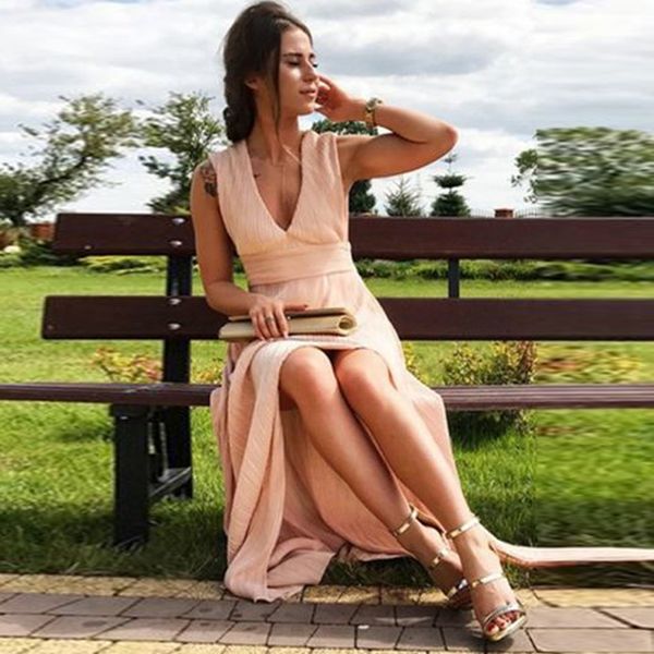 

pink v neck long prom dresses fashion high slit party dresses elegant a line long prom dress, Black