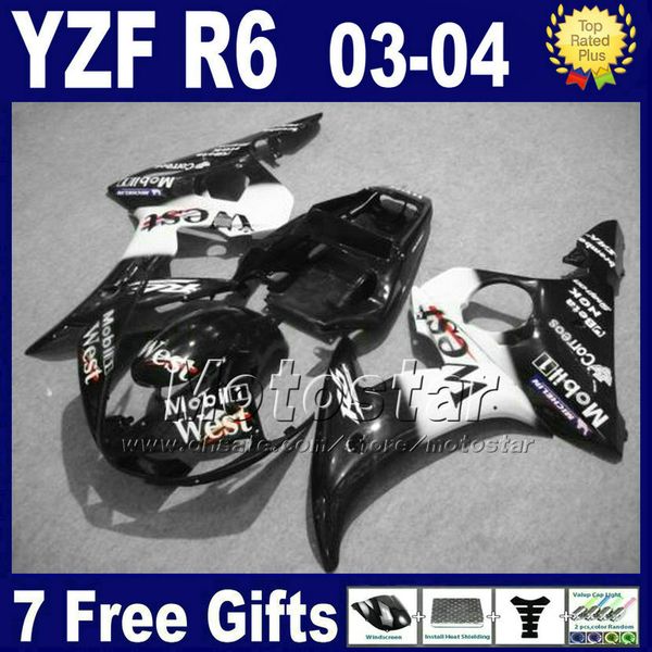 Низкая цена обтекатель комплект для YZF600 YAMAHA YZF R6 2003 2004 белый черный Запад обтекатели набор YZF-R6 YZFR6 03 04 Fh81 +7 подарков