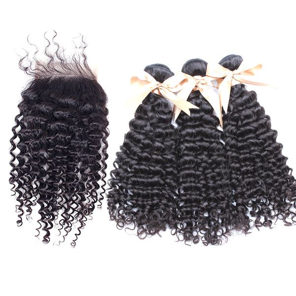 Bundle Cabelo Brasileiro Com Fecho de Renda Kinky Encaracolado Tece Mink Cabelo Remy Humano 3 PCS Barato Extensões Do Cabelo 1 pc fechamento