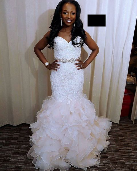 

luxury mermaid wedding dresses sweetheart lace diamonds sash lace ruffles organza sweep train bridal gowns custom size, White