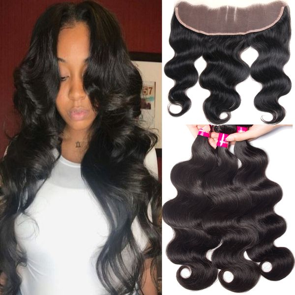 

3 bundles brazilian hair body wave with lace frontal closure 100% peruvian malaysian indian brazilian body wave virgin human hair weave, Black;brown