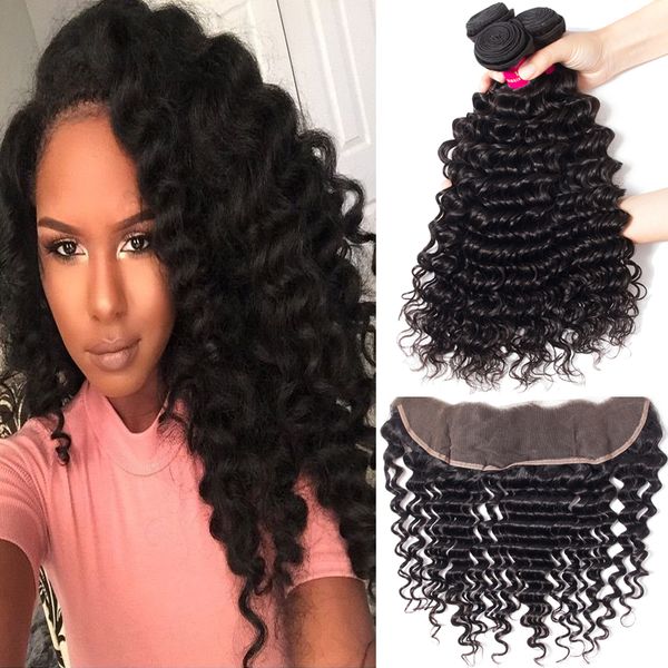 

brazilian hair deep wave 3 bundles with lace frontal closure remy human hair with 13*4 part ear to ear lace frontal closure, Black;brown