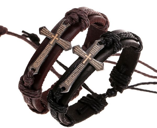 

2015 latest version 100% genuine leather bracelet with alloy scripture cross leather bracelet 20pcs/lot, Black