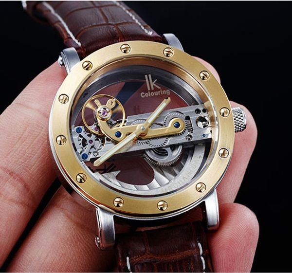 

new men mechanical vintage style skeleton engraving waterproof hollow leather brand automatic watch wristwatch 50m ik watch erhxu, Slivery;brown