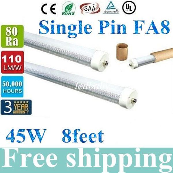 

fa8 single pin 8ft t8 led light tubes 192leds 2835 smd led fluorescent light 45w 4800lm ac 85-277v ce rohs