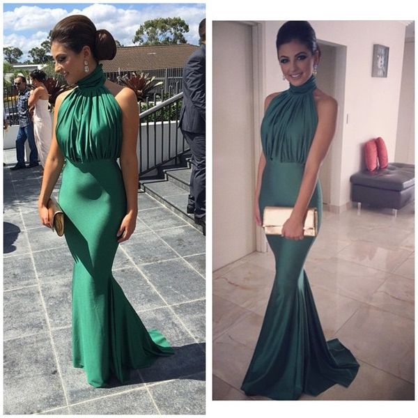 

custom made ruched high neck mermaid green long formal evening dresses sweep train party prom dress gowns exquisite pageant gown, Black;red