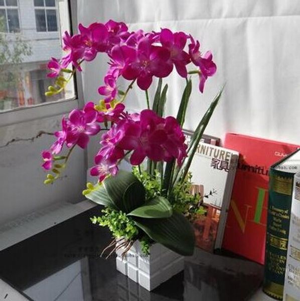 

wholesale-finished flores artificial flowers with vase and leaves,four branches silk butterfly orchids