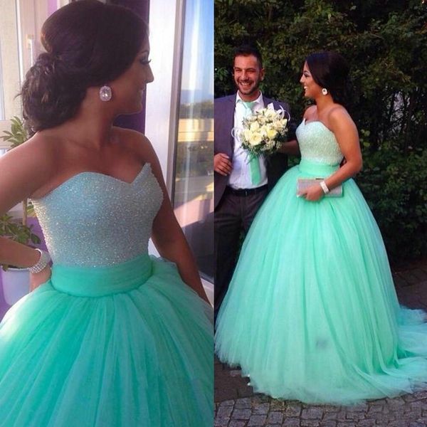 

new 2020 mint quinceanera dresses ball gowns coral sweetheart with tull beaded sweet 16 debutante gowns 15 years party dress qs18, Blue;red