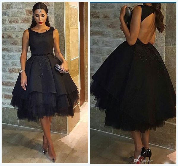 Klassische arabische schwarze Ballkleider mit Perlen besetzt, Satin, Tüll, Petticoat, Ballkleider, knielang, hohler Rücken, sexy Partykleider, Abendgarderobe