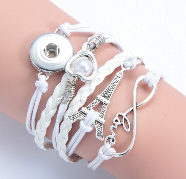 

drop delivery infinity love heart pearl tower noosa button bracelet alloy pu leater woven handmade snap button bracelet diy jelwery for 18mm, Golden;silver