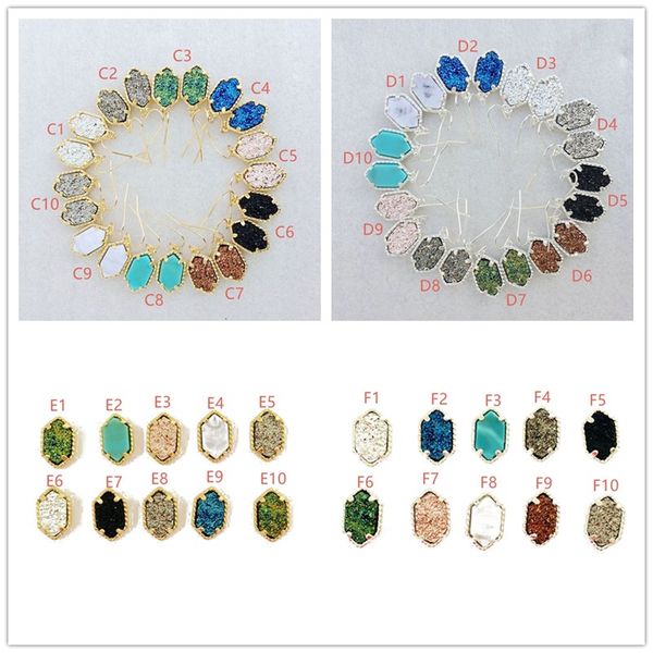 

горячие популярные 4 стили drusy druzy серьги серебро позолоченные геометрические драгоценный камень искусственный камень серьги стержня для, Silver