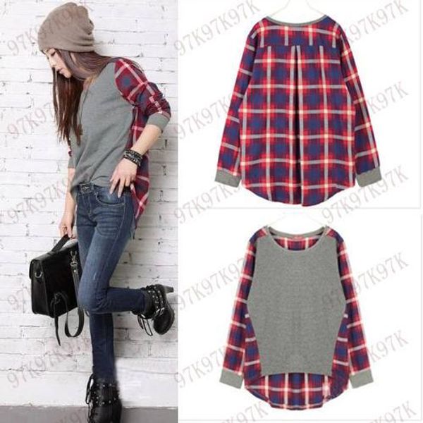 

wholesale-s-xl casual cotton women t-shirt pullovers women fashion fall plaid printed t-shirts for women women clothing, White