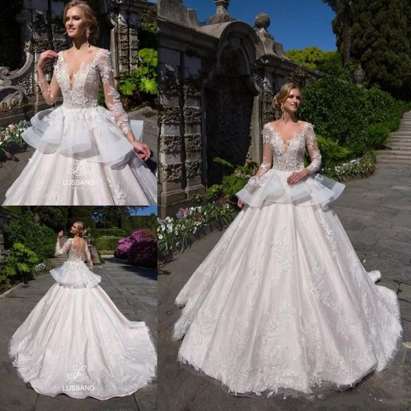 

ivory appliqued lace wedding dresses vintage long sleeves illusion v-neck bridal gowns vestidos de novia wedding dress, White