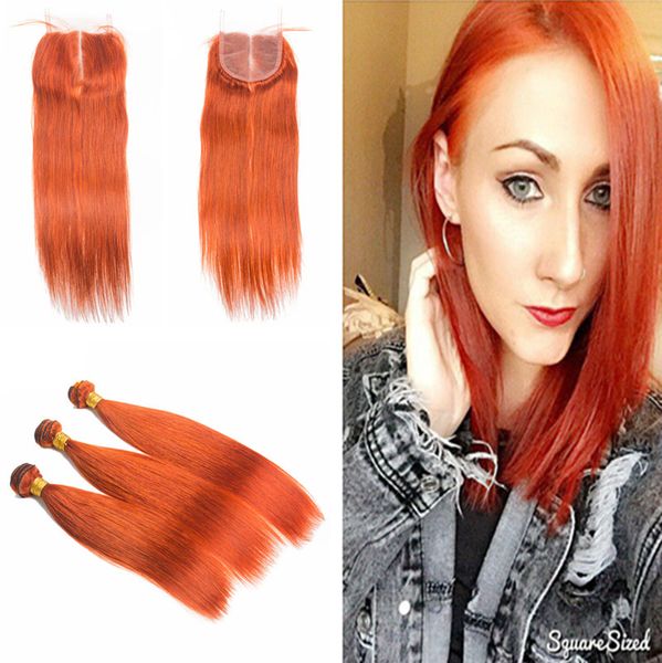 Top Lace Closure With Orange Color Hair Extension Silky Straight