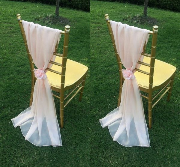 

blush pink chiffon chair sashes with flowers floor length ruffles creative wedding decorations chair covers handmade wedding supplies