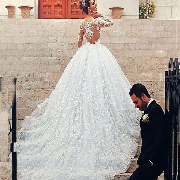 

modest long sleeves wedding dresses a line ball gown sheer neck lace appliqued cathedral trian bridal gowns vestidos de novia plus size, White