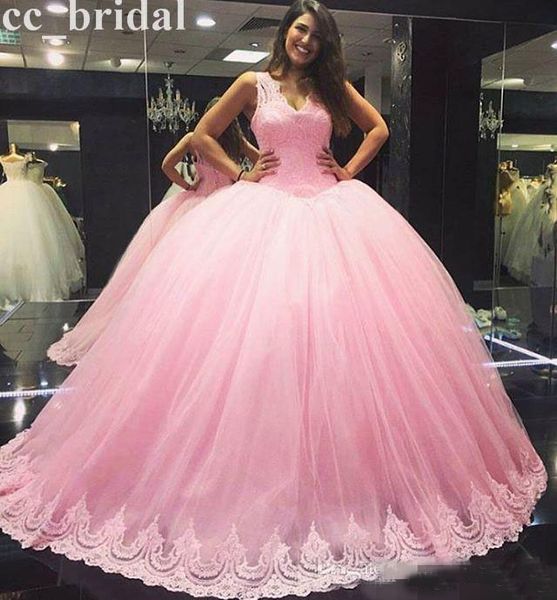 

Baby Pink Ball Gown Quinceanera Dresses 2017 V Neck Lace Appliques For 15 Years Handmake Plus Size Masquerade Formal Prom Gowns Pageant Dres