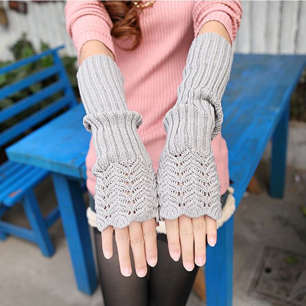 

wholesale-fashion lengthen arm warmers autumn winter gloves womens half-finger glove women crochet knitted fingerless lace glove mitten, Blue;gray