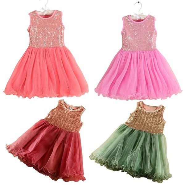 

girls sequin gauze dress round neck sleeveless vest dress bling tutu skirt princess girls party dresses 2016 summer certified by cti-usa, Red;yellow