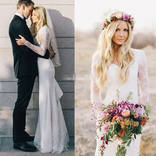 

New Spring Lace Wedding Dresses Long Sleeves Sheer V Neck Bridal Gowns Floor Length Country Garden Wedding Gowns