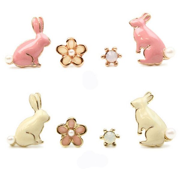 

милый розовый маленький кролик серьги мода цветок жемчужные серьги позолоченные дамы девушки изысканные ювелирные изделия 4 шт./компл, Golden;silver