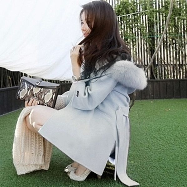 

wholesale-brand designer new winter women wool coat with hood medium long large fur collar poncho cape coats with belt g1971, Black