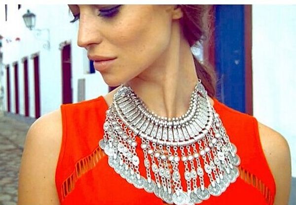 Flesser/® Vintage Bohemian Antalya Gypsy Turkish Coin Collar Statement Bib Necklace