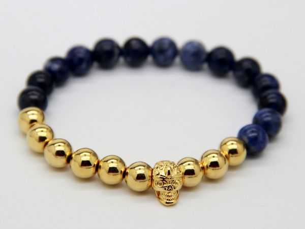 2015 heißer Verkauf Neues Design Schmuck Großhandel Top Qualität 8mm Blau-Ader Stein Perlen Echte Vergoldete Bronze Yoga Schädel Armbänder